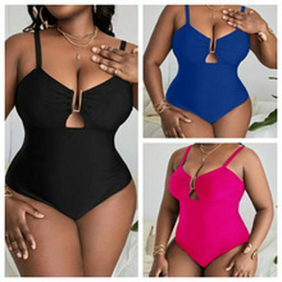 European & American 2024 Plus Size Printed Halter Backless Ruched Bikini for Women