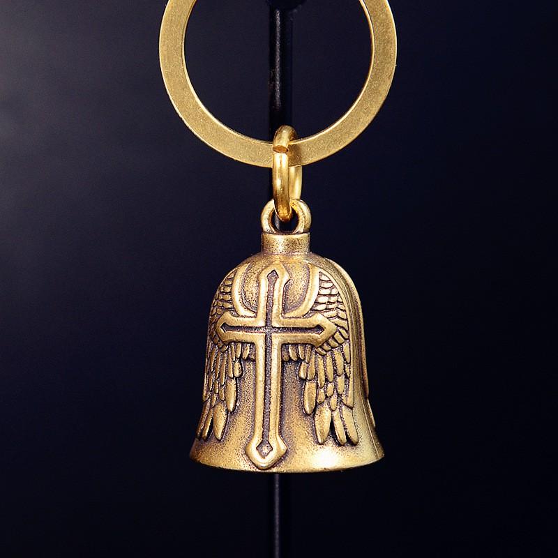 Brass Vintage Cross Bell Keychain Handmade Wind Chime Pendant Ethnic Style Key Ring Decor