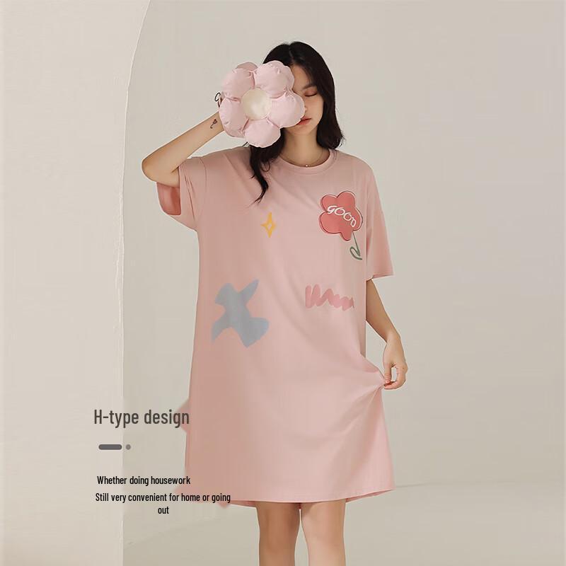 Langsha Women's Short-Sleeve Cotton Midi Sleep Dress