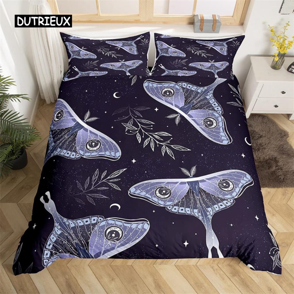 Death Moth Duvet Cover Set Queen Size Gothic Skull Boho Comforter Cover Black and White Skeleton Decorative Soft Bedding Set