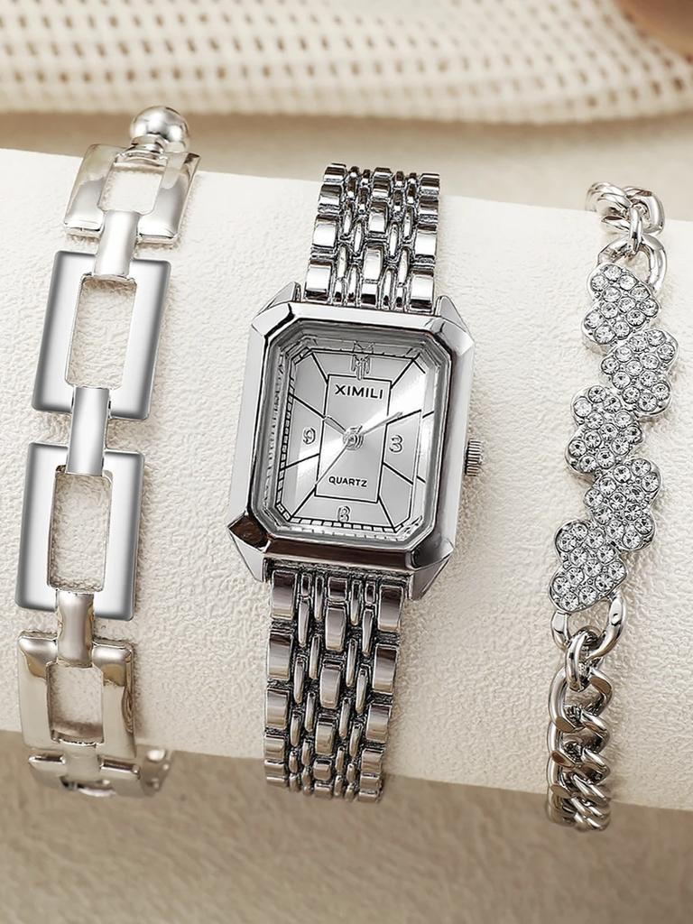 Fashionable All-Match Light Luxury Steel Band Square Quartz Women's Watch Bracelet Set of 3, Suitable for Christmas and Thanksgi
