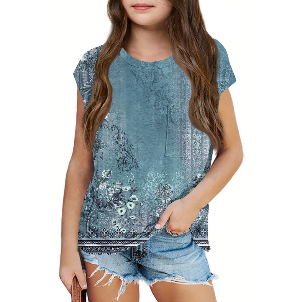 Sommer Rundhals 3D Vintage Floral Bedrucktes Top Modische Lässige Kurzarm Kinder Mädchen T-Shirts