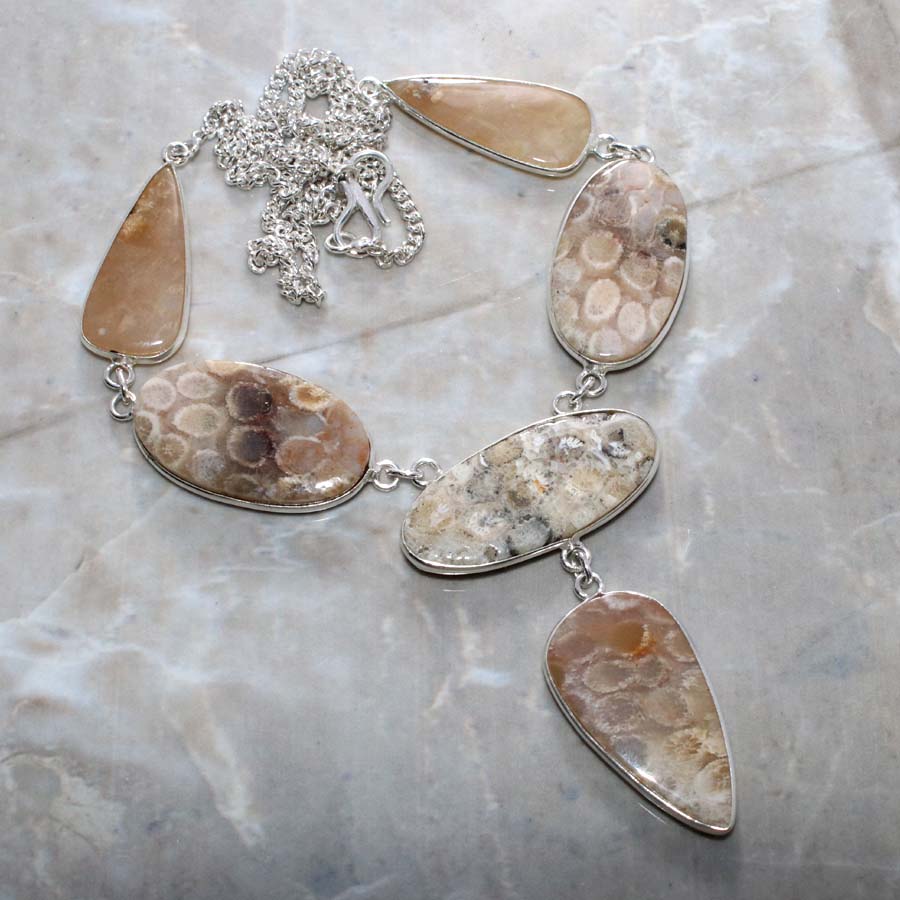 Large Fossil Coral Bezel 925 Silver Plated Necklace 20" Limited Stock Deal f1v44