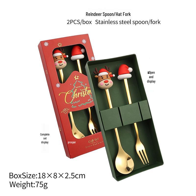 

Christmas Cartoon Cutlery Set: Forks, Spoons, and Gift Box Featuring Cute Reindeer and Tree Designs.