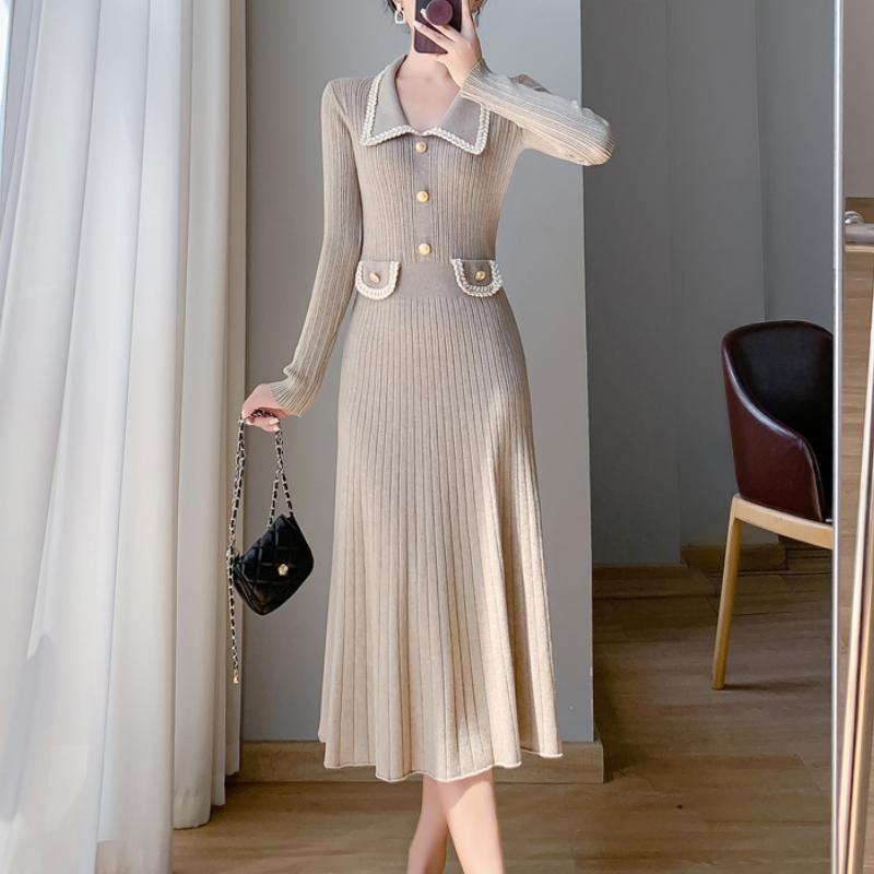 

Французское элегантное осеннее новое трикотажное платье для женщин, винтажное, облегающее, с длинными рукавами, вечерние, корейская модная дизайнерская повседневная одежда M абрикосовый