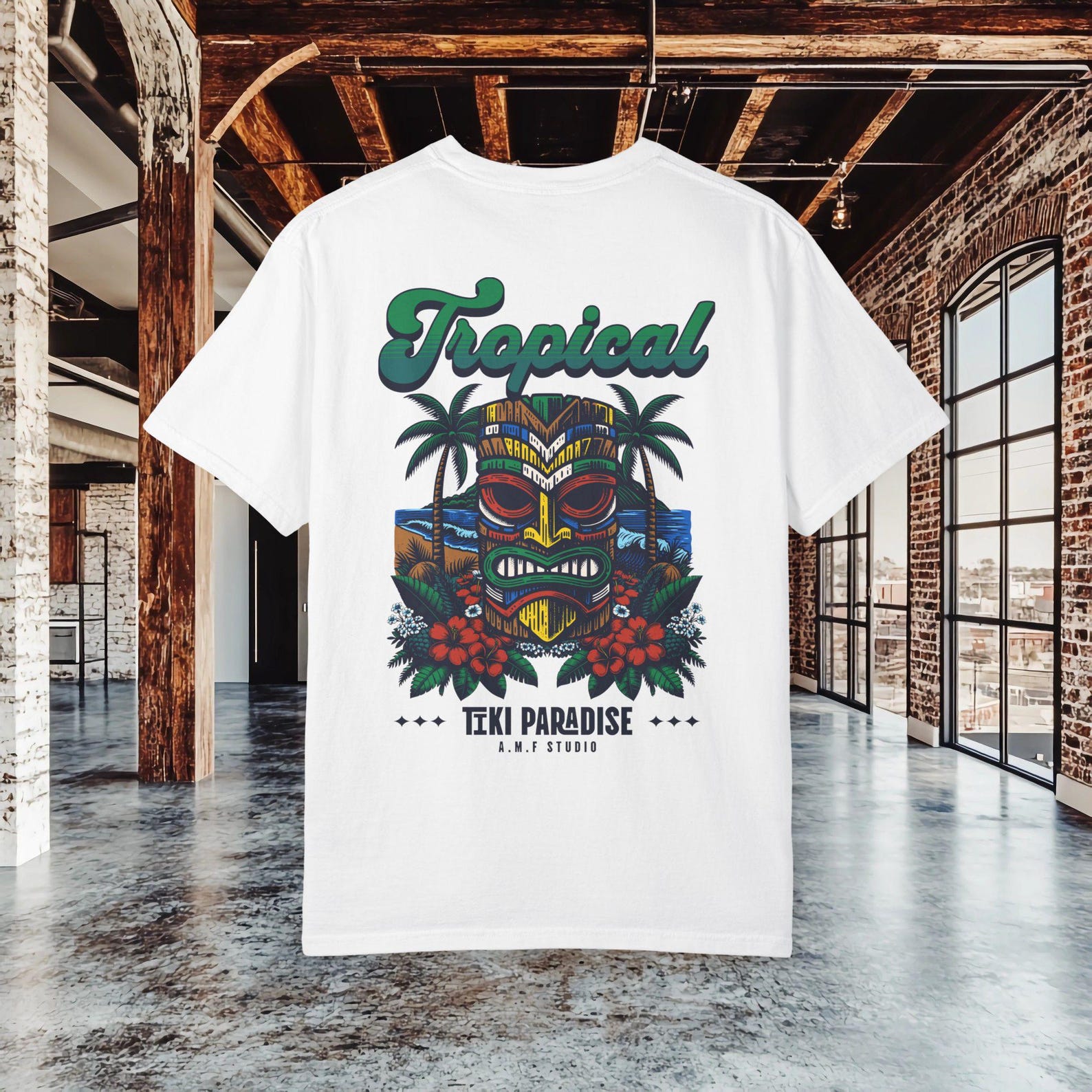Tiki Paradise Shirt | Tropical Tiki Mask T shirt | Hawaiian Style Graphic Tee | Beach Vacation T shirt | Summer Tropical T shirt L