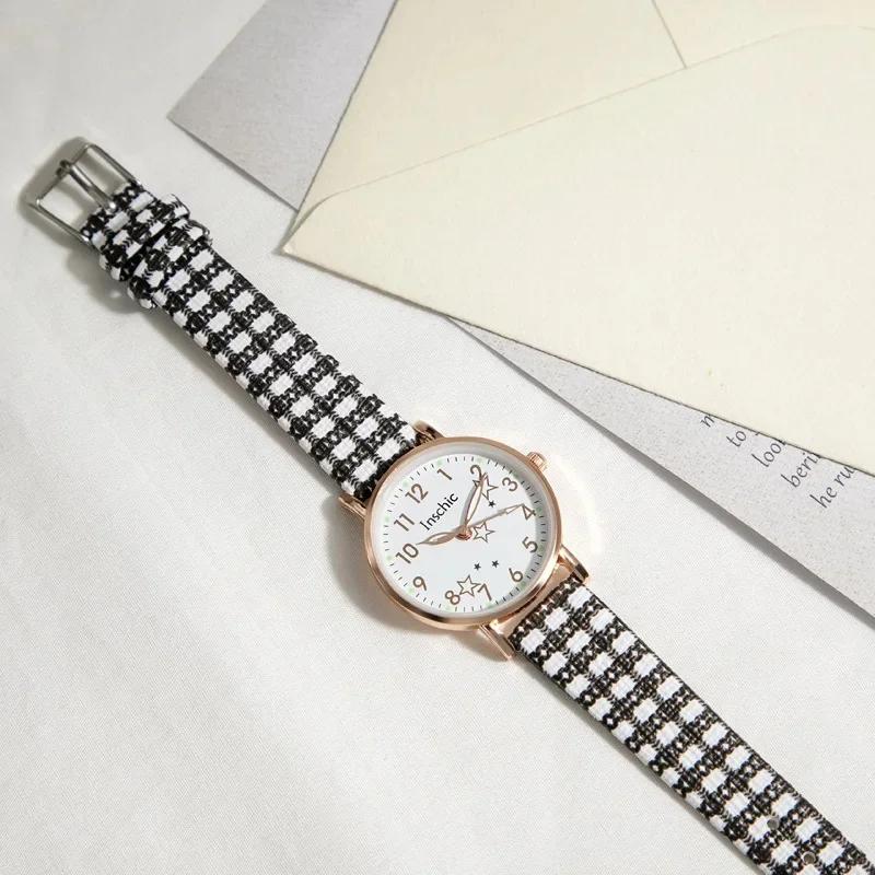 Trendy Ins Style Women's Watch Simple Grid Pattern Casual Quartz Wristwatch Fresh Style Ideal for Junior High School Students
