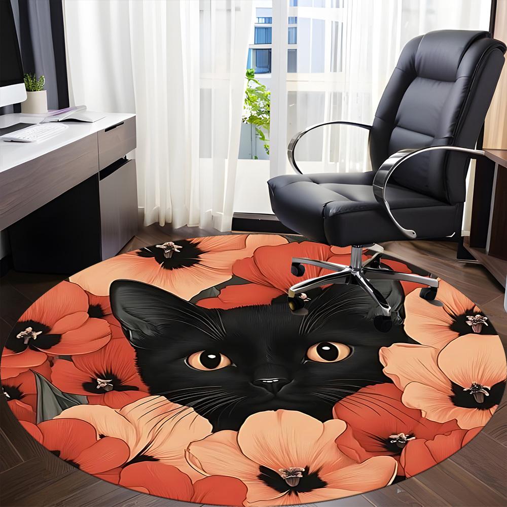 1pc Black Cat Floral Pattern Chair Carpet for Office, Round Non Slip Durable Large Size Office Carpet, Suitable for Office