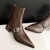 Fall New Pointed Toe Side Zipper Metal Buckle Soft Sole Anti-slip Wear-resistant Square Heel Booties