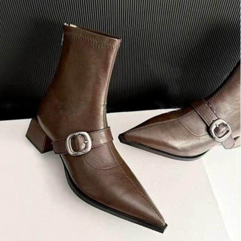 Fall New Pointed Toe Side Zipper Metal Buckle Soft Sole Anti-slip Wear-resistant Square Heel Booties