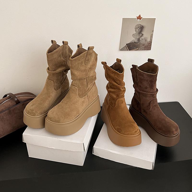 Fashion 2025  NEW Fashion Style Women Shoes Heel Height Platform Suede Mid Calf Boots Woman Ankle Boots Decor Woman Boots 6546