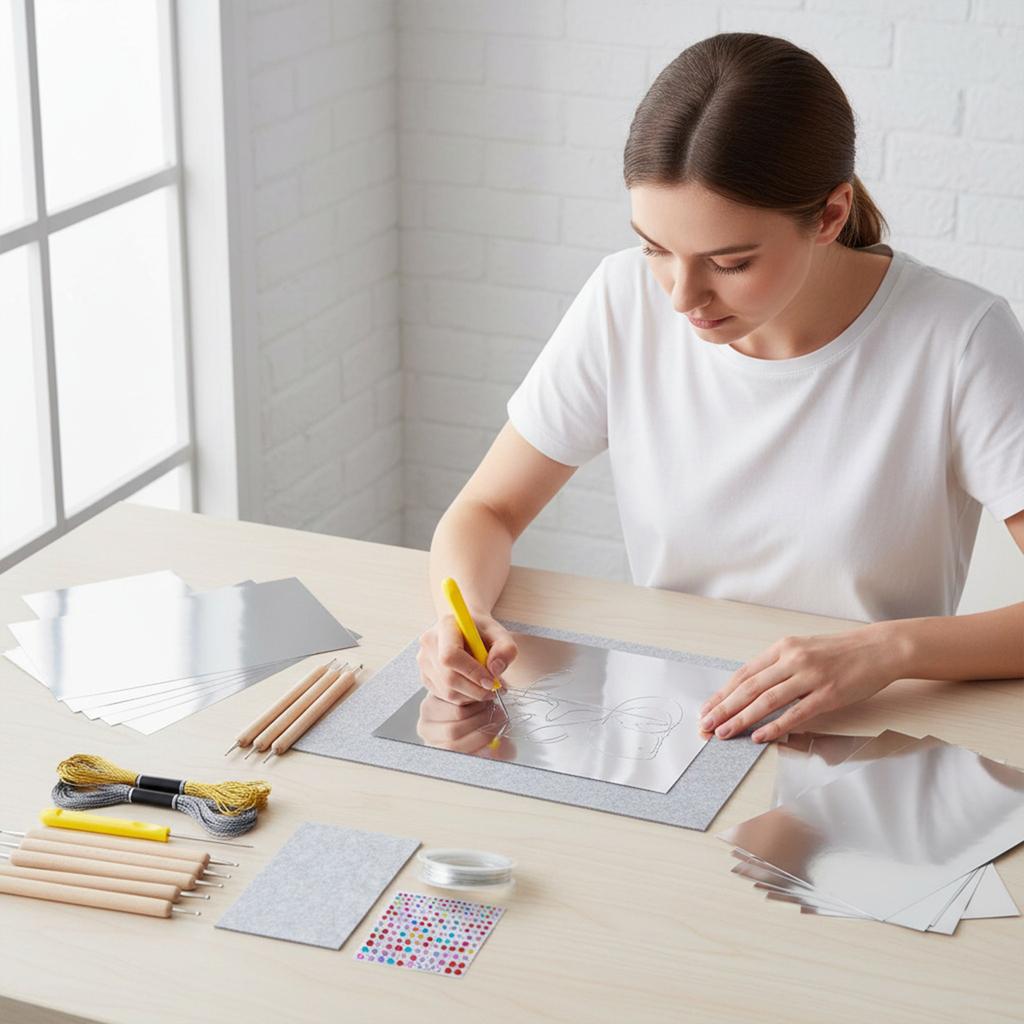 Foil Art Craft with Carving Tools Awl Stickers Metal Thread Tin Foil Paper Craft for DIY Decor Painting