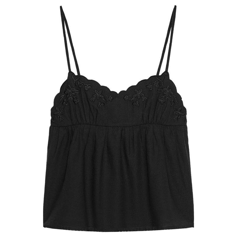 Zaprha 2025 Summer New Gyaru Style Black Flower Heart-Shaped Collar Embroidery Sling Top 0881008