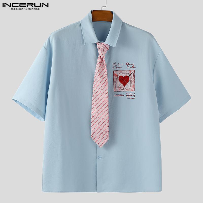 INCERUN Oversized Men Casual Lapel Tie Neck Short Sleeve Print Shirts Tops