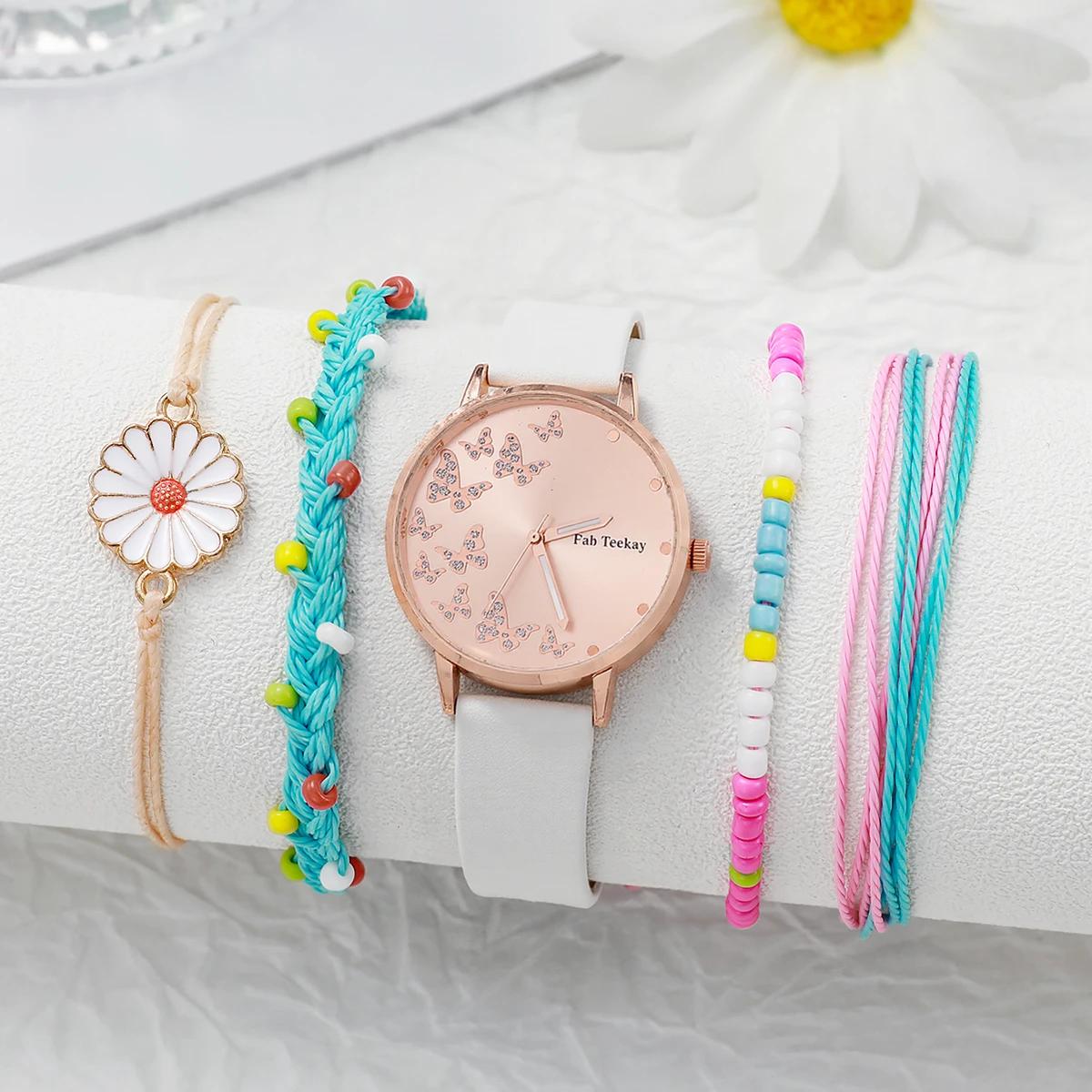 

Simple and stylish round dial leather strap women s quartz watch color bracelet set of 5, suitable for daily wear, Christmas gif белый