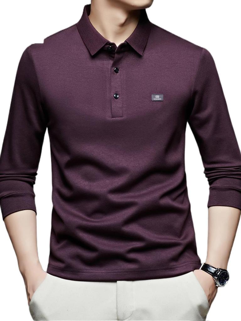 Scarecrow Herren Langarm-Poloshirt, Unifarben, Baumwolle, Lässige lockere Passform für Frühling und Herbst 2025