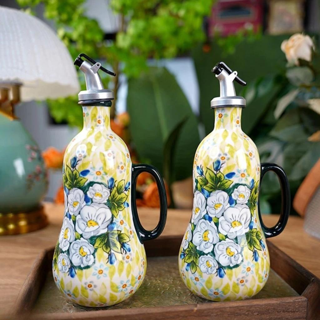 Flowers Plants Ceramic Olive Oil Bottle Soy Sauce Vinegar Multifunctional Kitchen Seasoning Drainage Bottle Kitchen Accessories