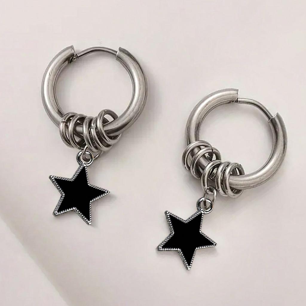 1 pair of stainless steel punk star ring earrings, suitable for women's daily fashion accessories
