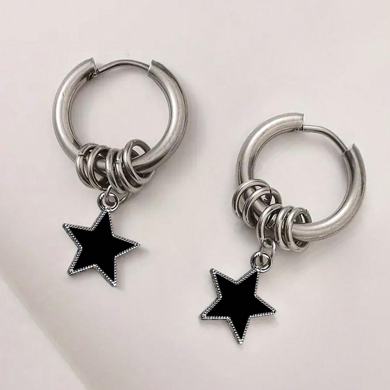 1 пара сережек-колец из нержавеющей стали в стиле панк со звездой, подходит для женских повседневных модных аксессуаров