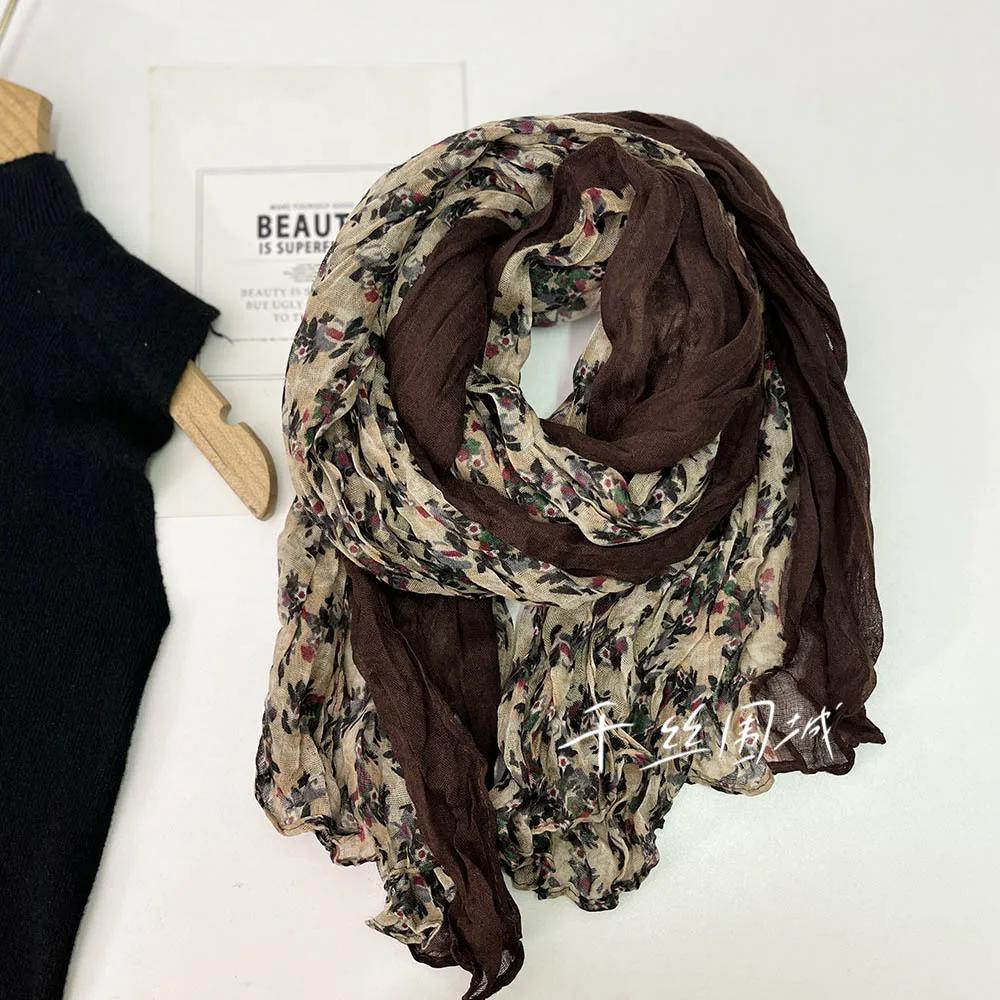 

VREOVOR Весенне-осенний тонкий шарф с цветочным принтом Женский Новый Винтажный Японский Хлопок Лен Текстура Шелк Летний Солнцезащитный Платок Головной Убор Пляжный 180cm