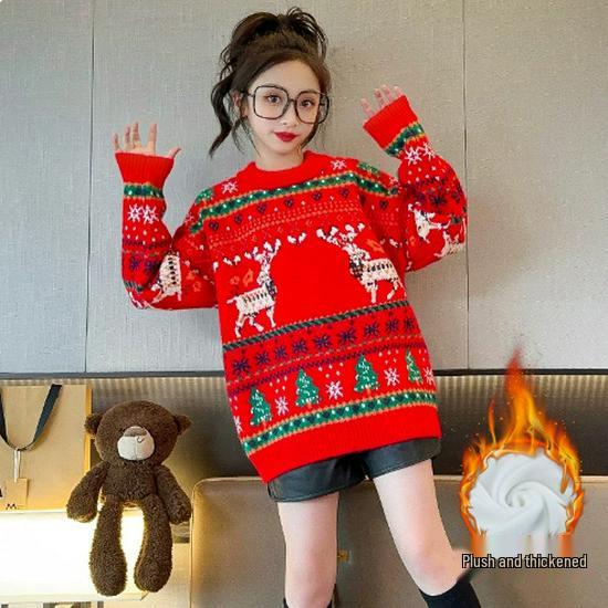 Girls' Stylish Red Christmas Sweater - Thickened for Winter 2026
