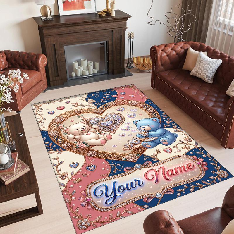Alfombra de Terciopelo de Cristal con Temática de Osito de Peluche, Alfombrilla Suave para el Suelo con Nombre de Texto Personalizado, Decoración del Hogar