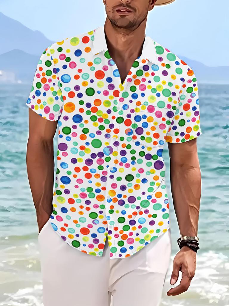 A New Summer Men'S Stylish Casual Short-Sleeve Shirt Featuring Trendy Colorful Polka Dot Prints, Perfect for Young Adults Looking for a Loose-Fitting