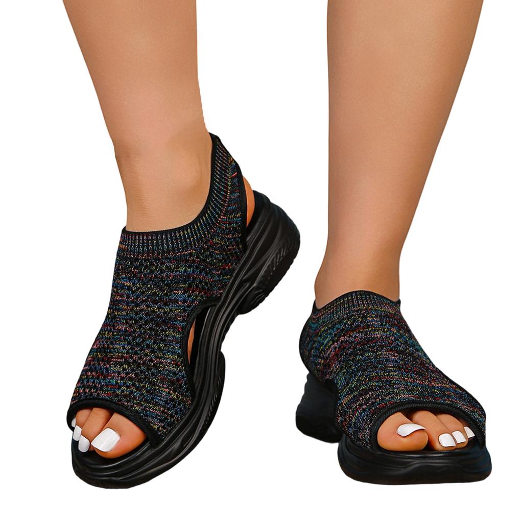 Leichte Damen-Sandalen mit offener Zehenpartie aus Strick-Netzstoff, atmungsaktive Slip-On-Schuhe für den Alltag mit gepolsterter Sohle und flexibler Laufsohle