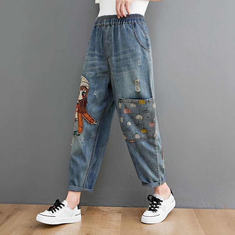 Calça jeans bordada para meninas, desenho animado, para mulheres, buraco na moda, casual, cintura alta, bolsos, mãe, harém, jeans azul