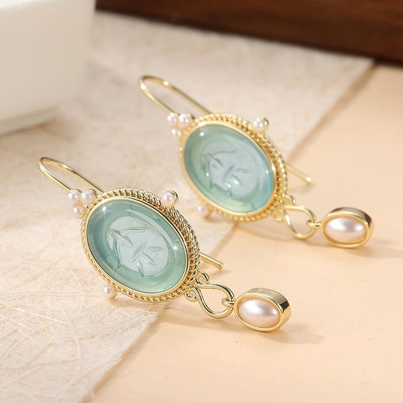 Vintage Oval Inlaid Blue Synthetic Zirconia Imitation Pearl Dangle Earrings for Women's Elegant Exquisite Banquet Jewelry Crafts