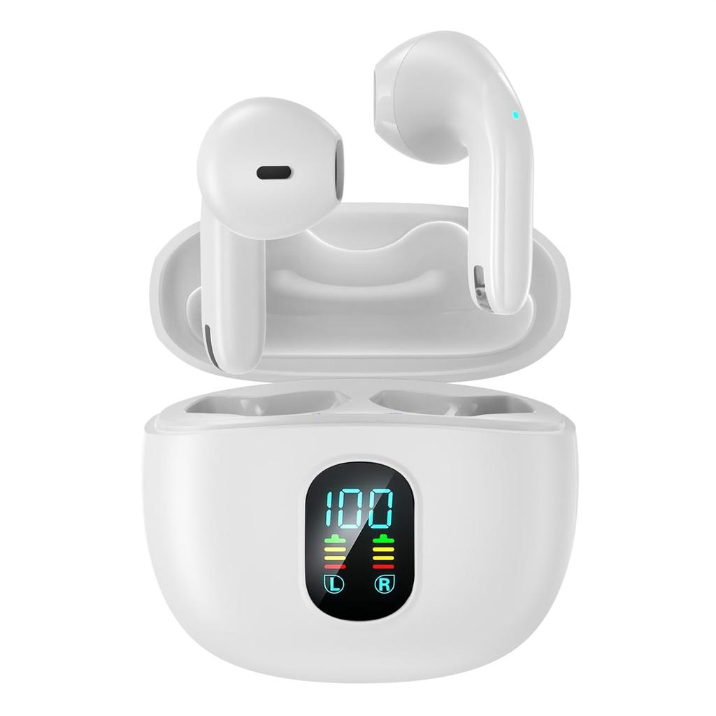 Bluetooth Earphones with Stereo Sound Noise Single or Binaural IPX7 Smart Touch Low Latency Gaming Perfect for or Office White Display, Hi-Fi Quality,