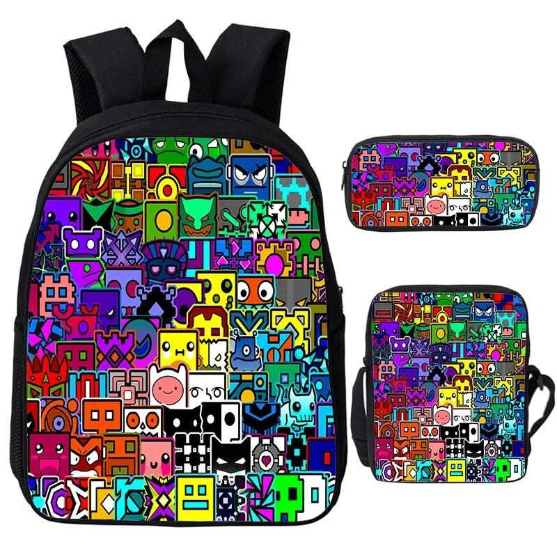 Angry Geometry Dash Cartoon Print Children Backpack 3Pcs Set Boys Girls School Bags Large Capacity Bookbag Back To School Gifts