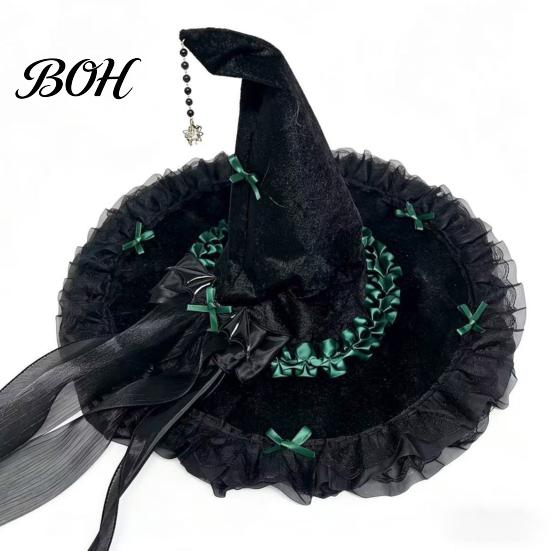 Velvet Witch Hat Halloween for Women, Large Black Wizard with Magical Mesh Ruffle Brim Adults Costume, Cosplay Party