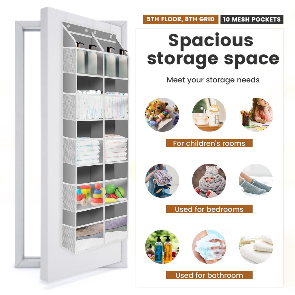 Over the Door Organizer 5 Layers 8 Compartments Double Row Transparent Storage Hanging Bag with 10 Mesh Pockets for Clothes Doll