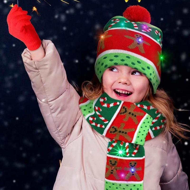 Svítící Santa čepice a šála sada Stylová vánoční pokrývka hlavy Slavnostní vánoční doplňky pro děti a dospělé