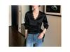 2026 Spring Floral Jacquard Satin Top: Elegant V-Neck Sheen Shirt with Lace Patchwork and Long Sleeves for Women
