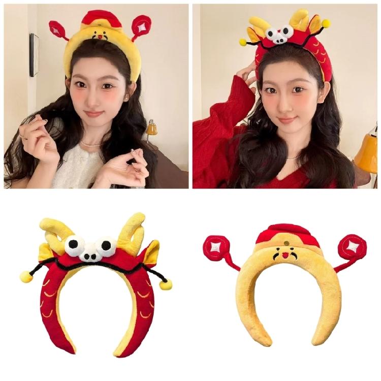 Plush Dragon/Fortunes God Headband for Chinese Spring Festival Celebration Seasonal Holiday Women Face Washing Hairband