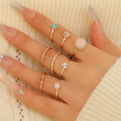 Gold Cabochon Gemstone Ring Set for Women – European American Fashion Luxury Stackable 8-Piece Collection