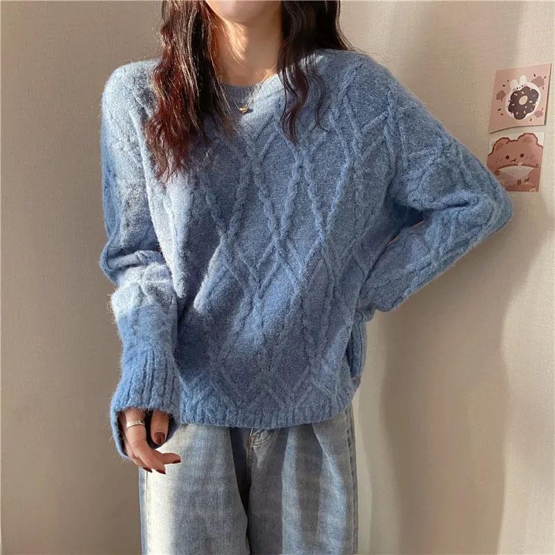 WTEMPO Weißer gestrickter Fried Dough Twist Damenpullover, lockerer Strickpullover, schlichter, lässiger Pendelpullover, süßes Langarmshirt