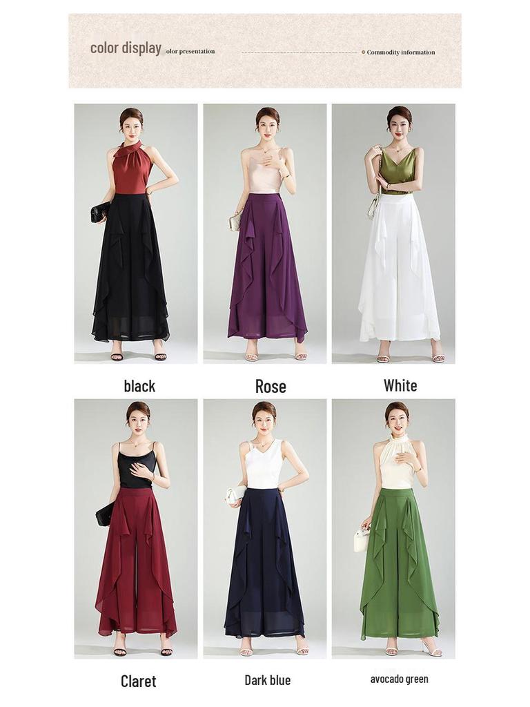 Pantaloni-Gonna Estivi in Chiffon a Vita Alta da Donna - Larghi, a Gamba Larga, Capo d'Abbigliamento Casual