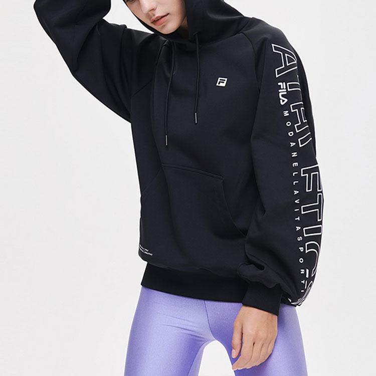 Fila Sudadera con capucha holgada con estampado de letras de atletismo para mujer Negro A11W131242F-BK
