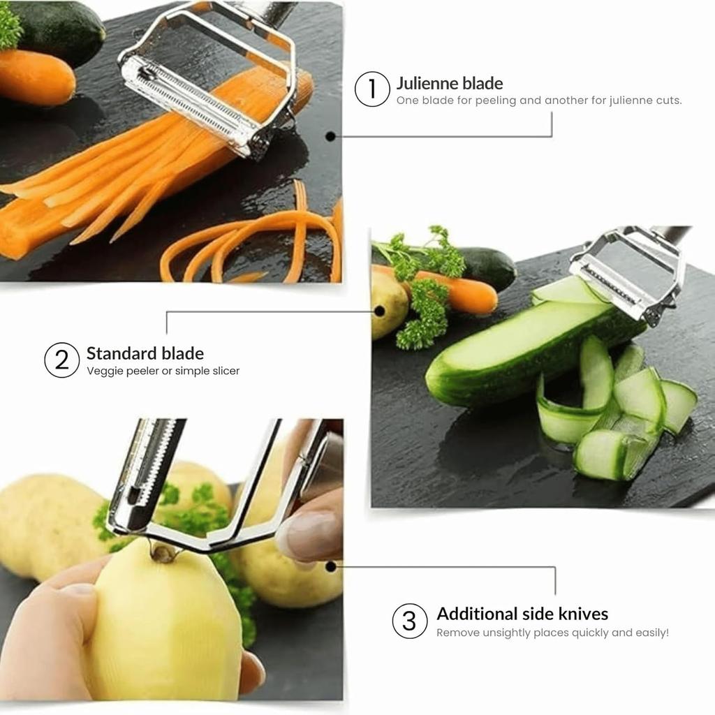 2 in 1 Stainless Steel Julienne Vegetable Peeler Multi-Functional Fruit & Veggie Shredder Slicer and Grater for Potatoes (Silver, 18 x 8.2 x 2.3 cm)