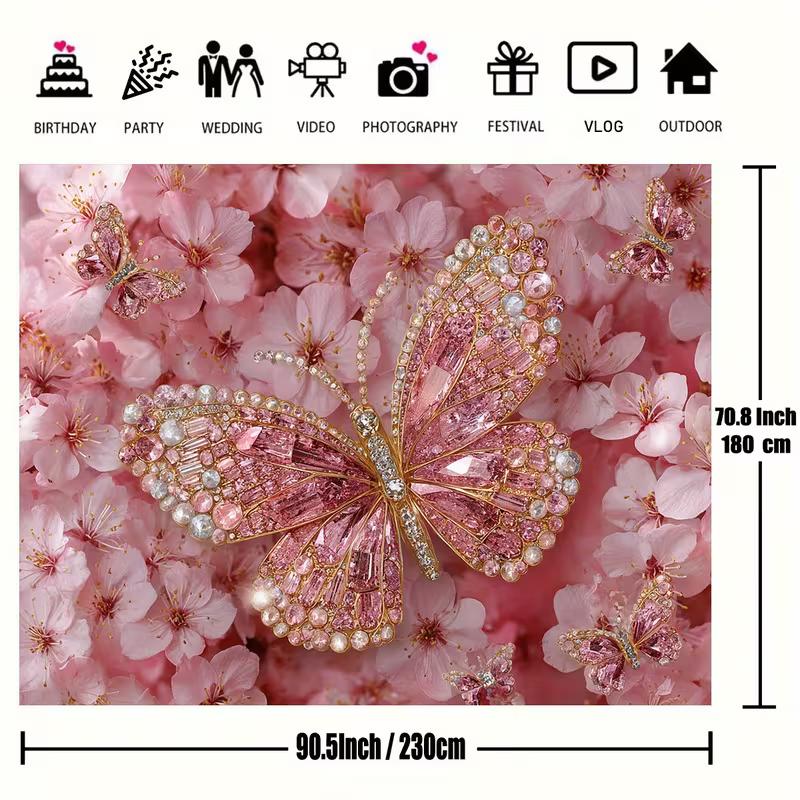 2D Pink Gem Butterfly Backdrop Cherry Blossom Floral Photography Background