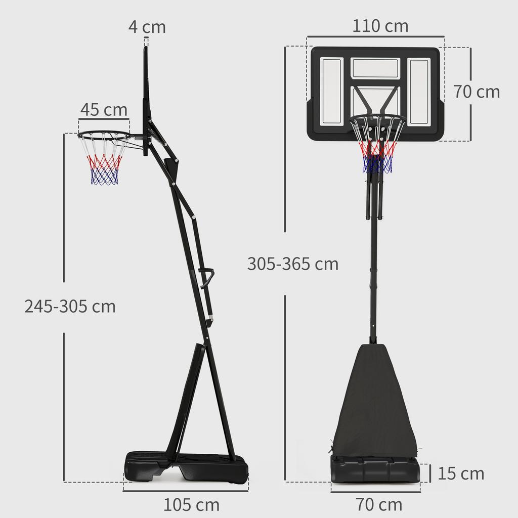 245-305cm Adjustable Basketball Hoop and Stand, with Wheels, Black
