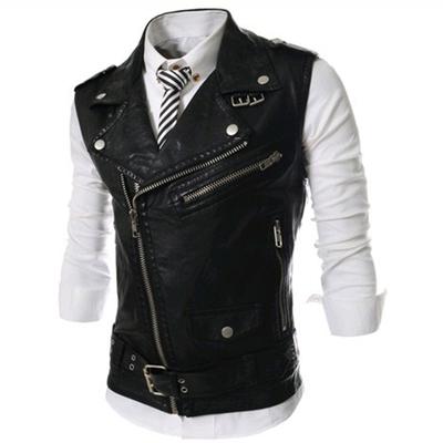 Draktvest for menn Svart jakkeslagskrage Glidelås Kort skinnmote Uformelt vest Punkstil Gilet menn for Steampunk-klær