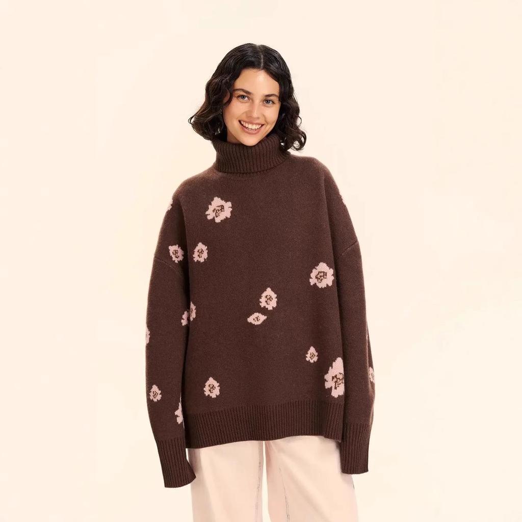 European & American High Neck Jacquard Flower Sweater - Loose Knit for Autumn/Winter.