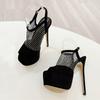 Runway Fashion Peep Toe 17CM Stiletto Shoes Women Sexy Crystal Rhinestone Mesh Ladies Platform High Heels Sandals Black