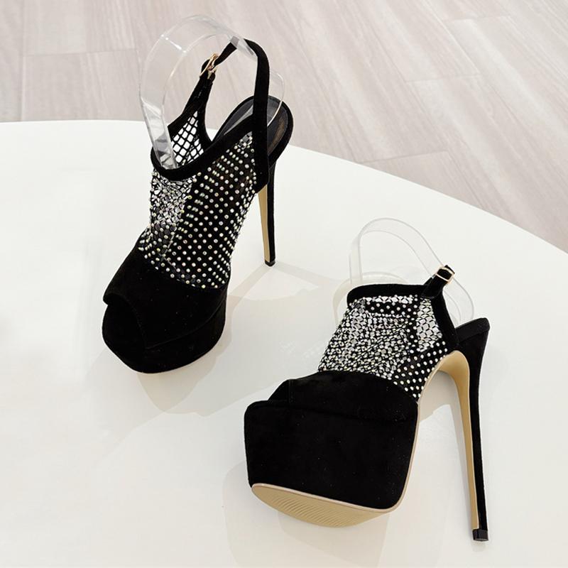 Runway Fashion Peep Toe 17CM Stiletto Shoes Women Sexy Crystal Rhinestone Mesh Ladies Platform High Heels Sandals Black