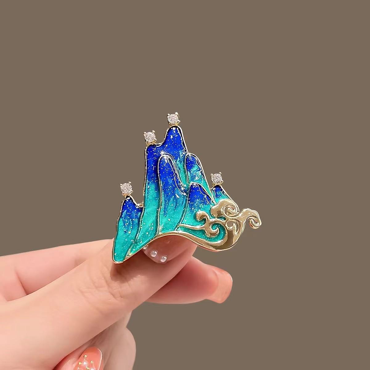 

Enamel Rhinestone Brooch: Thousand Miles of Rivers and Mountains - Hanfu & Qipao Accessory