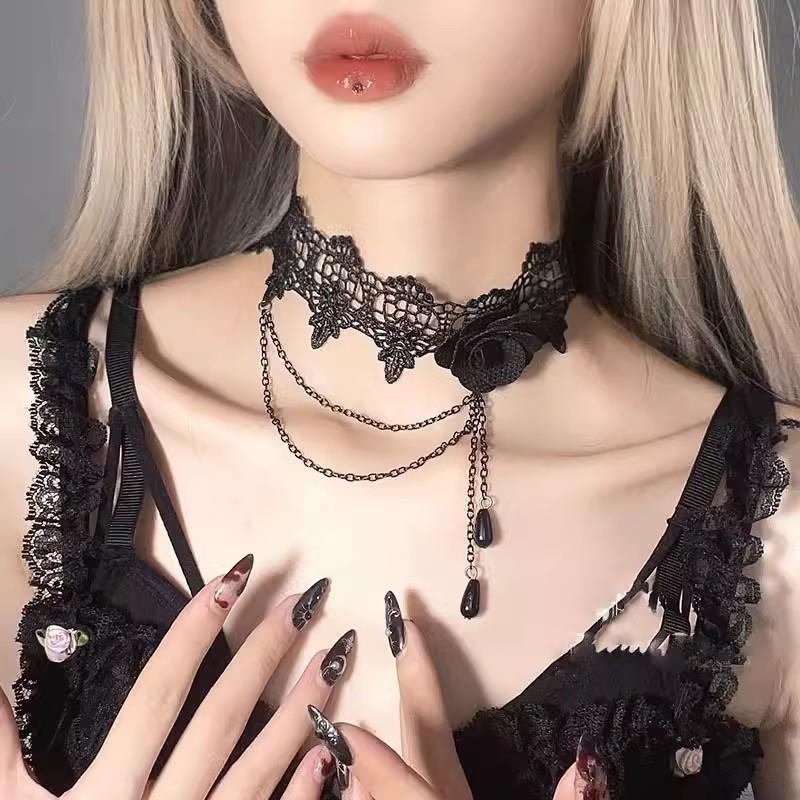 Pure Desire Wind White Lace Flower Tassel Necklace Vintage Court Wind Pearl Neck Strap Sweet Lolita Collarbone Chain